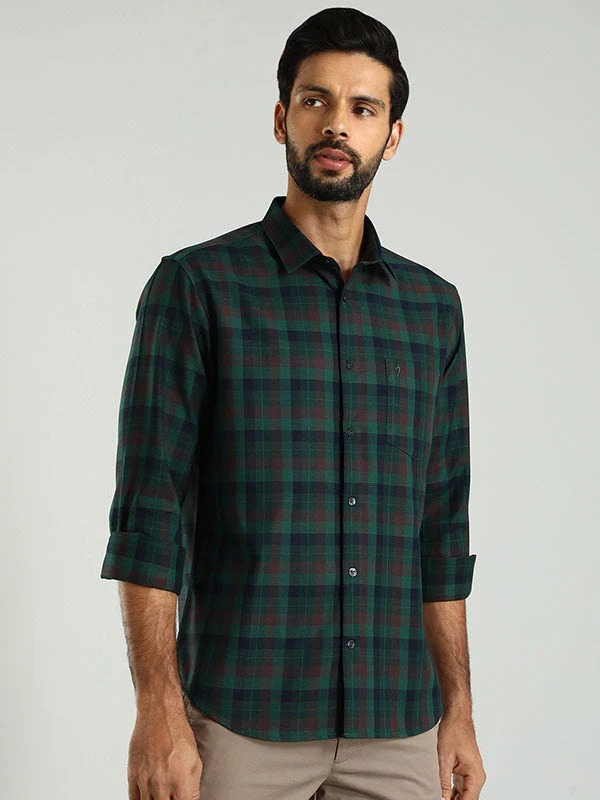 Indian Terrain Men's Regular Fit Full Sleeve Checkered Green Shirt